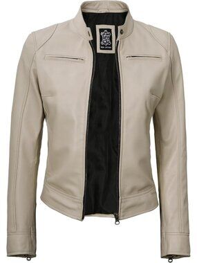 Women’s Beige Genuine Lambskin Leather Cafe Racer Motorcycle Jacket